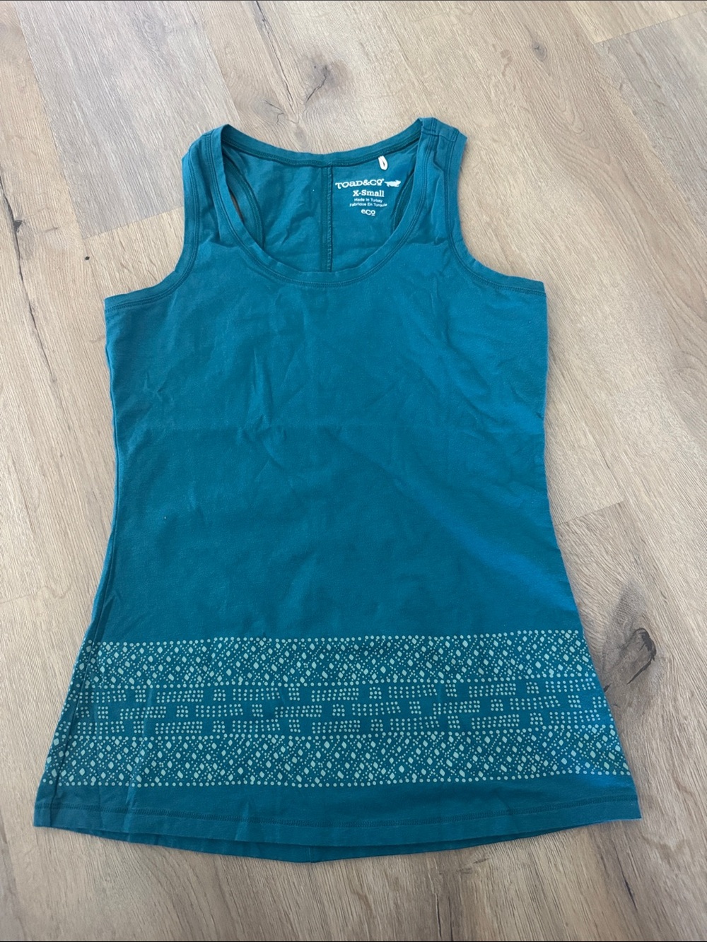 Toad&Co Teal Racerback Tank with Patterned Hem